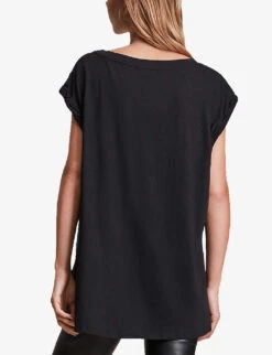 AllSaints Sanza Asymmetric-hem Cotton And Linen-blend Tank Top -VogueVibe Store R00075669 BLACK ALT03