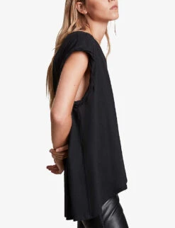 AllSaints Sanza Asymmetric-hem Cotton And Linen-blend Tank Top -VogueVibe Store R00075669 BLACK ALT04