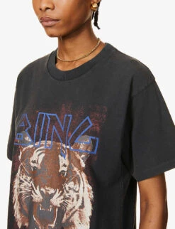 ANINE BING Tiger Graphic-print Cotton-jersey T-shirt -VogueVibe Store R03699184 BLACK ALT03
