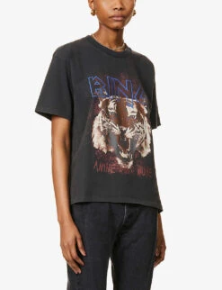 ANINE BING Tiger Graphic-print Cotton-jersey T-shirt -VogueVibe Store R03699184 BLACK M
