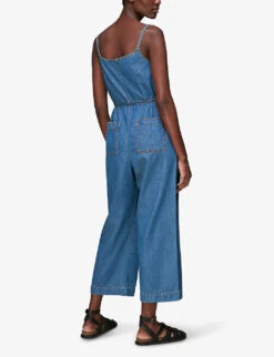 Whistles Strappy Tie-waist Denim Jumpsuit -VogueVibe Store R03810648 BLUE ALT02