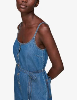 Whistles Strappy Tie-waist Denim Jumpsuit -VogueVibe Store R03810648 BLUE ALT03