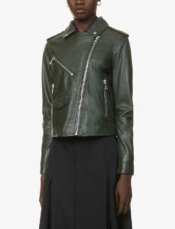 Whistles Agnes Zip-through Leather Biker Jacket -VogueVibe Store R03823003 DARKGREEN ALT02