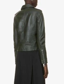 Whistles Agnes Zip-through Leather Biker Jacket -VogueVibe Store R03823003 DARKGREEN ALT03