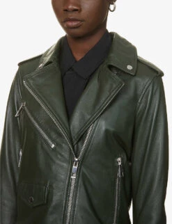 Whistles Agnes Zip-through Leather Biker Jacket -VogueVibe Store R03823003 DARKGREEN ALT04