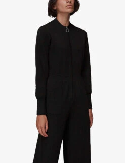 Whistles Long-sleeve Wide-leg Cotton-blend Jumpsuit -VogueVibe Store R03842132 BLACK ALT02