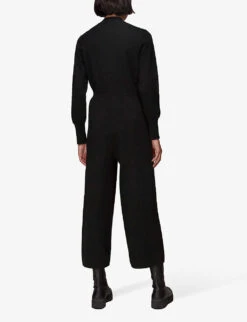 Whistles Long-sleeve Wide-leg Cotton-blend Jumpsuit -VogueVibe Store R03842132 BLACK ALT03