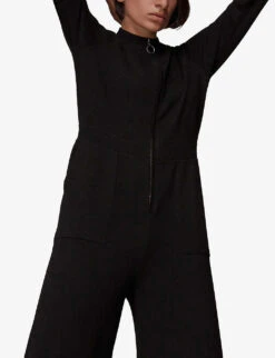 Whistles Long-sleeve Wide-leg Cotton-blend Jumpsuit -VogueVibe Store R03842132 BLACK ALT05