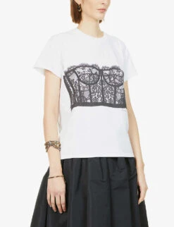 Alexander McQueen Lace-print Cotton-jersey T-shirt -VogueVibe Store R03851336 WHITEBLACK ALT02