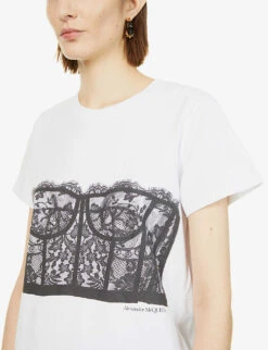 Alexander McQueen Lace-print Cotton-jersey T-shirt -VogueVibe Store R03851336 WHITEBLACK ALT04
