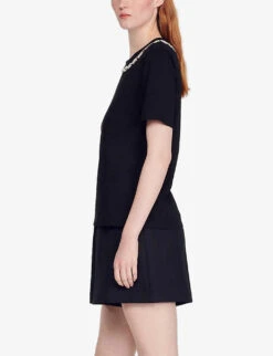 Sandro Merlin Embroidered Rhinestone-embellished Cotton-jersey T-shirt -VogueVibe Store R03862957 NOIRGRIS ALT02