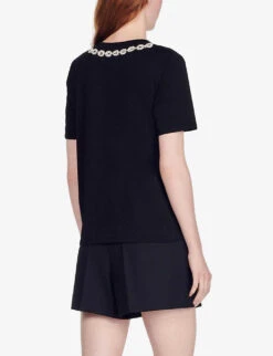 Sandro Merlin Embroidered Rhinestone-embellished Cotton-jersey T-shirt -VogueVibe Store R03862957 NOIRGRIS ALT03