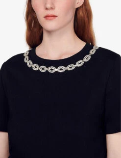 Sandro Merlin Embroidered Rhinestone-embellished Cotton-jersey T-shirt -VogueVibe Store R03862957 NOIRGRIS ALT04