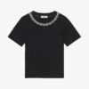 Sandro Merlin Embroidered Rhinestone-embellished Cotton-jersey T-shirt 1 Sandro Merlin Embroidered Rhinestone-embellished Cotton-jersey T-shirt -VogueVibe Store R03862957 NOIRGRIS M