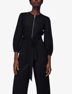 Whistles Estelle Puffed-sleeved Belted Woven Jumpsuit -VogueVibe Store R03873964 BLACK ALT02