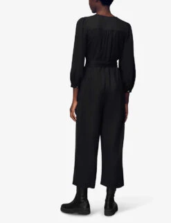 Whistles Estelle Puffed-sleeved Belted Woven Jumpsuit -VogueVibe Store R03873964 BLACK ALT03