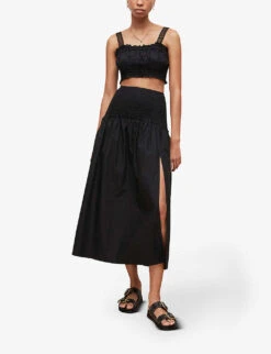 AllSaints Alex Gathered Recycled-cotton Maxi Skirt -VogueVibe Store R03885704 BLACK ALT01