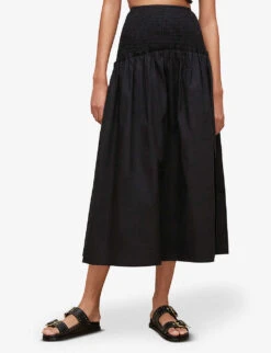 AllSaints Alex Gathered Recycled-cotton Maxi Skirt -VogueVibe Store R03885704 BLACK ALT02