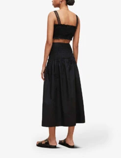 AllSaints Alex Gathered Recycled-cotton Maxi Skirt -VogueVibe Store R03885704 BLACK ALT03