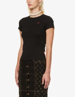 Marine Serre Logo-embroidered Fitted Organic-cotton T-shirt -VogueVibe Store R03936484 BLACK ALT02