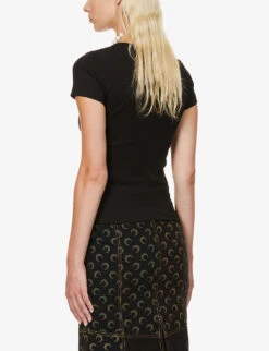 Marine Serre Logo-embroidered Fitted Organic-cotton T-shirt -VogueVibe Store R03936484 BLACK ALT03