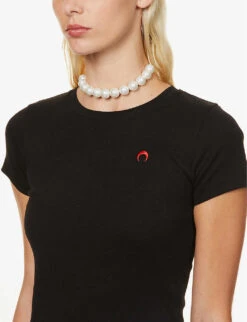 Marine Serre Logo-embroidered Fitted Organic-cotton T-shirt -VogueVibe Store R03936484 BLACK ALT04