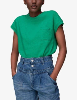 Whistles Ember Round-neck Cotton And Linen-blend T-shirt -VogueVibe Store R03945997 GREEN ALT02