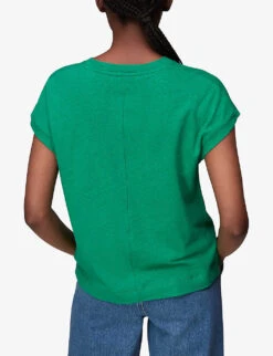 Whistles Ember Round-neck Cotton And Linen-blend T-shirt -VogueVibe Store R03945997 GREEN ALT03