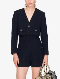 Sandro Seal Textured Tweed Playsuit -VogueVibe Store R03947922 NOIRGRIS ALT03