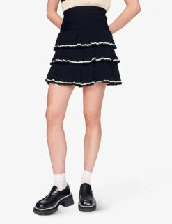 Sandro Camia Ruffled-hem Stretch-knit Mini Skirt -VogueVibe Store R03947988 NOIRGRIS ALT02