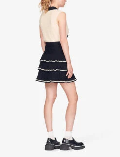 Sandro Camia Ruffled-hem Stretch-knit Mini Skirt -VogueVibe Store R03947988 NOIRGRIS ALT03