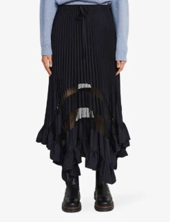 CLAUDIE PIERLOT Selode Sheer-panel Pleated Crepe Midi Skirt -VogueVibe Store R03949212 BLEUS ALT02