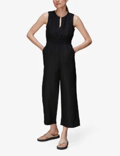Whistles Melanie V-neck Linen Jumpsuit -VogueVibe Store R03952635 BLACK ALT03