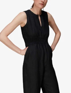 Whistles Melanie V-neck Linen Jumpsuit -VogueVibe Store R03952635 BLACK ALT04