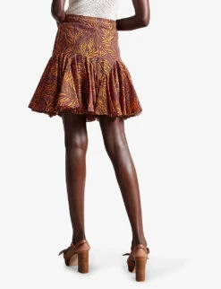 Ted Baker Staysey Botanical-print Ruffled-hem Woven Mini Skirt -VogueVibe Store R03971495 BROWN ALT03