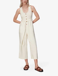 Whistles Shirred Wide-leg Linen-blend Jumpsuit -VogueVibe Store R03978364 CREAM ALT02