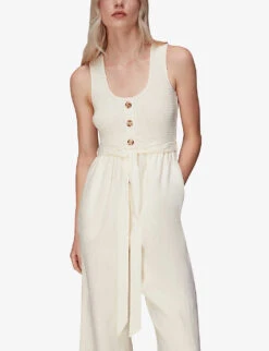 Whistles Shirred Wide-leg Linen-blend Jumpsuit -VogueVibe Store R03978364 CREAM ALT04