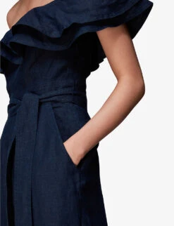 Whistles Tabi Off-shoulder Linen Jumpsuirt -VogueVibe Store R03978842 NAVY ALT05