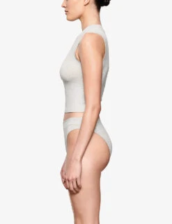 Cotton Jersey Mock-neck Stretch-cotton Top -VogueVibe Store R03994930 LIGHTHEATHERGREY ALT02