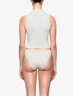 Cotton Jersey Mock-neck Stretch-cotton Top -VogueVibe Store R03994930 LIGHTHEATHERGREY ALT03