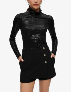 Maje Imaboo High-rise Logo-buttons Stretch-woven Skort -VogueVibe Store R03999940 NOIRGRIS ALT02