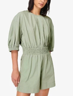 Sweaty Betty Loren Gathered-detail Lyocell And Cotton-blend Playsuit -VogueVibe Store R04000063 EAUDENILGREEN ALT02