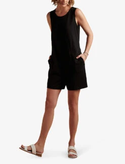 Button-fastened Relaxed-fit Cotton-blend Playsuit -VogueVibe Store R04010733 BLACK ALT02