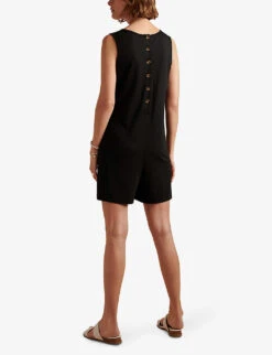 Button-fastened Relaxed-fit Cotton-blend Playsuit -VogueVibe Store R04010733 BLACK ALT03