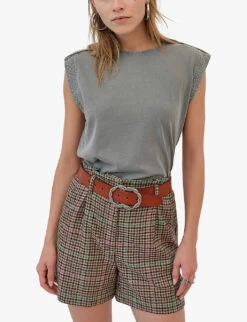 Ikks Checked High-rise Wool-blend Shorts -VogueVibe Store R04063193 BROWN ALT02