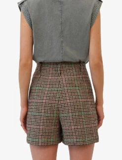 Ikks Checked High-rise Wool-blend Shorts -VogueVibe Store R04063193 BROWN ALT03