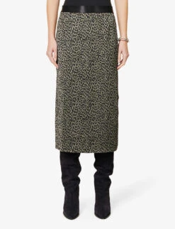 Ikks Leopard-print Satin Midi Skirt -VogueVibe Store R04063197 BLACK ALT02