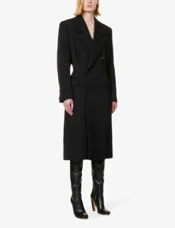 Bottega Veneta Double-breasted Padded-shoulder Regular-fit Wool Coat -VogueVibe Store R04064595 BLACK ALT02