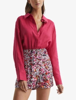 Reiss Lara Floral-print Mid-rise Woven Shorts -VogueVibe Store R04070712 PINK ALT02