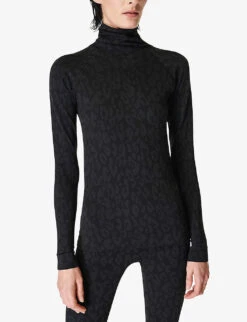 Sweaty Betty High-neck Leopard-jacquard Stretch-woven Top -VogueVibe Store R04074778 BLACKLEOPARDPAINT ALT02